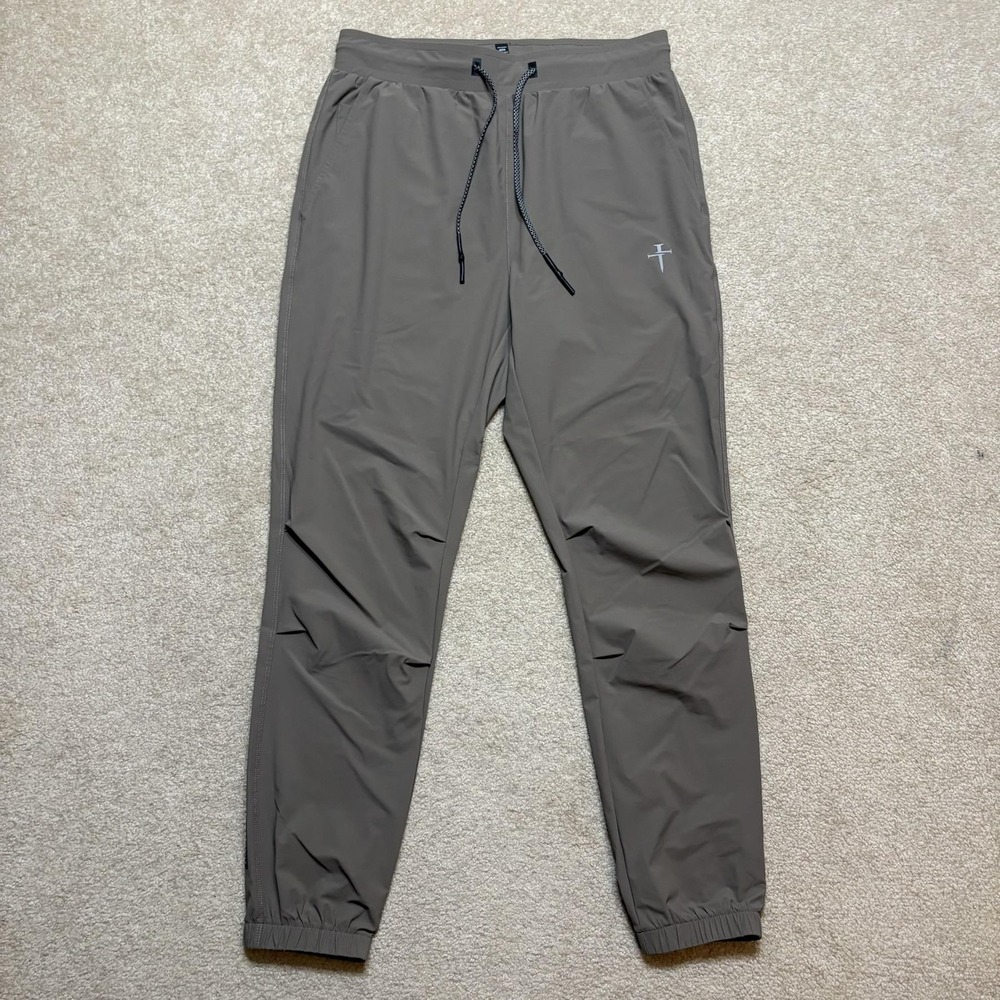 Three Nails Jogger Pants Mens Large Brown Woven Stretch Zip Pocket Athletic